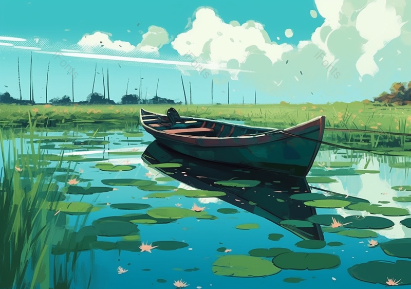 一个小船在河边的插画背景,插画/手绘图,插画/手绘图库,插画/手绘图下载,插画/手绘